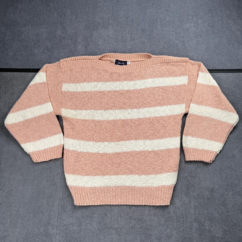Allen Jolly Vintage 90s Knit Sweater‎ Small Pink Striped Cotton England
